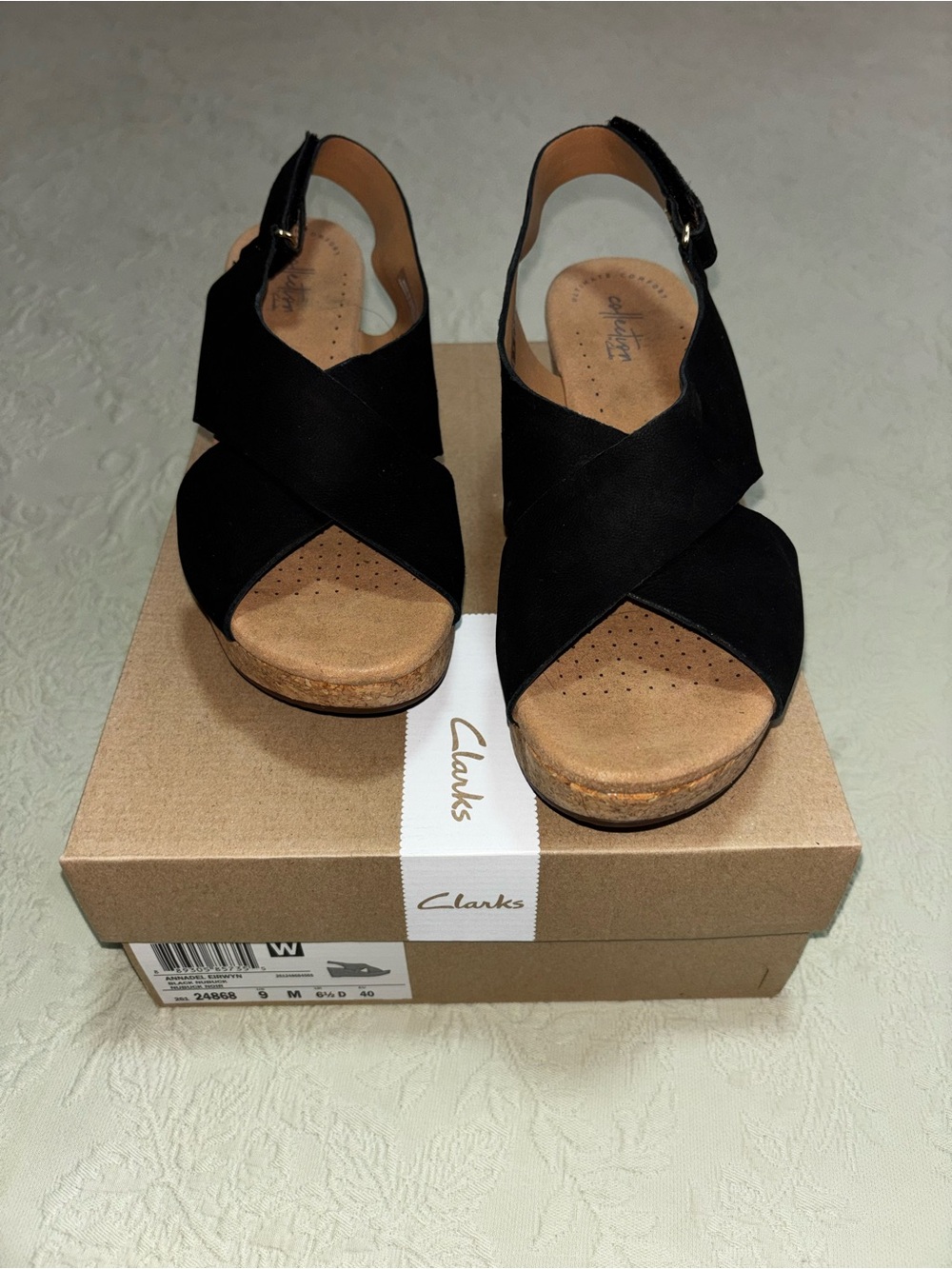 Clark’s Black Cork Wedge Slingback Sandals Annadel Eirwyn NWB 9M Nubuck 3” - Picture 2 of 8